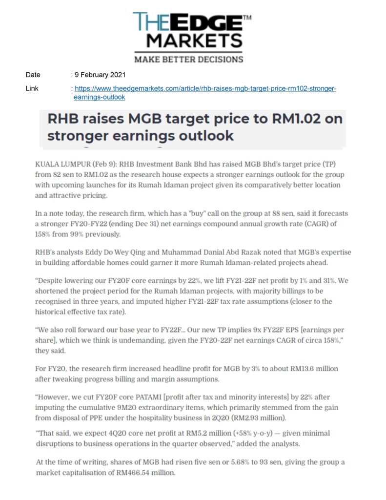 RHB raises MGB target price to RM1.02 on stronger earnings outlook